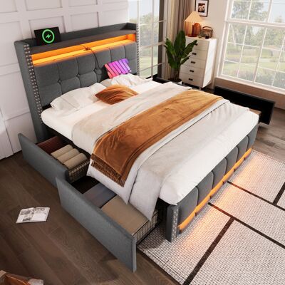 ACKERMAN Lit Capitonné 140200 Cm Avec Éclairage Led Et Prise Usb, Tête De Lit Avec Étagères Et Rangement Avec 4 Tiroirs, Lit Double Pour Adultes, Tissu Lin Gris - Publicité ACKERMAN Lit Capitonné 140200 Cm Avec Éclairage Led Et Prise Usb, Tête De Lit Avec Étagères Et Rangement Avec 4 Tiroirs, Lit Double Pour Adultes, Tissu Lin Gris - Publicité