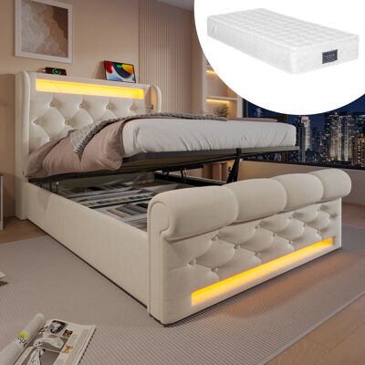 ACKERMAN Lit Simple Moderne Capitonné 90x200cm, Lit Capitonné Avec Lumières Led, Tête De Lit Avec Rangement Et Ports Usb Et Type-c, Lit Coffre Hydraulique, Beige, Velours (avec Matelas) - Publicité ACKERMAN Lit Simple Moderne Capitonné 90x200cm, Lit Capitonné Avec Lumières Led, Tête De Lit Avec Rangement Et Ports Usb Et Type-c, Lit Coffre Hydraulique, Beige, Velours (avec Matelas) - Publicité