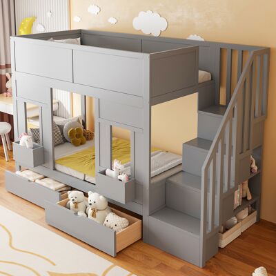 LEMONBEST Lit Superposé 90x200cm - Avec Étagères Dans L'Escalier - 2 Tiroirs Et 2 Boîtes De Rangement - Fenêtres Décoratives - Barrières De Sécurité - Capacité 120kg - Gris - Publicité LEMONBEST Lit Superposé 90x200cm - Avec Étagères Dans L'Escalier - 2 Tiroirs Et 2 Boîtes De Rangement - Fenêtres Décoratives - Barrières De Sécurité - Capacité 120kg - Gris - Publicité