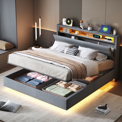 LEMONBEST Lit Capitonné 140x200cm - Avec Led, Usb & Rangement Hydraulique - Pour Chambre - Gris - Publicité LEMONBEST Lit Capitonné 140x200cm - Avec Led, Usb & Rangement Hydraulique - Pour Chambre - Gris - Publicité