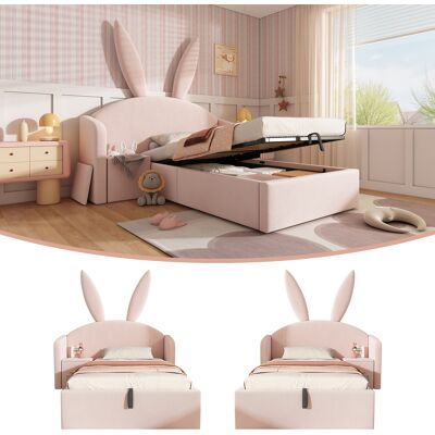 ACKERMAN Lit Rembourré 90x200 Cm Rose Avec Motif Oreilles De Lapin, Lit Enfant Avec Coffre De Rangement Et Table De Chevet, Lit Doux En Velours (sans Matelas) - Publicité ACKERMAN Lit Rembourré 90x200 Cm Rose Avec Motif Oreilles De Lapin, Lit Enfant Avec Coffre De Rangement Et Table De Chevet, Lit Doux En Velours (sans Matelas) - Publicité