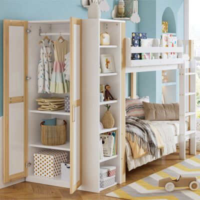 ACKERMAN Lit Superposé, Lit D'Enfant Avec Protection Anti-chute Et Grille, Avec Échelle À 4 Marches, 6 Étagères Ouvertes, Armoire Latérale, Rangement Généreux, Pin + Pb, Blanc + Nature, 90x200cm - Publicité ACKERMAN Lit Superposé, Lit D'Enfant Avec Protection Anti-chute Et Grille, Avec Échelle À 4 Marches, 6 Étagères Ouvertes, Armoire Latérale, Rangement Généreux, Pin + Pb, Blanc + Nature, 90x200cm - Publicité