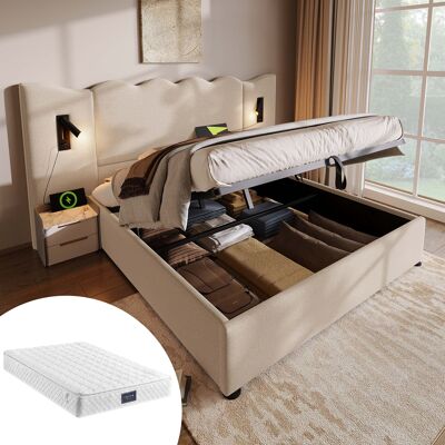 ACKERMAN Lit Double Capitonné 160x200 Avec Lampe De Lecture Et Fonction De Chargement Usb Type-c, Cadre De Lit Coffre Avec Sommier À Lattes En Bois Massif Et Métal, Beige, Lin (avec Matelas) - Publicité ACKERMAN Lit Double Capitonné 160x200 Avec Lampe De Lecture Et Fonction De Chargement Usb Type-c, Cadre De Lit Coffre Avec Sommier À Lattes En Bois Massif Et Métal, Beige, Lin (avec Matelas) - Publicité
