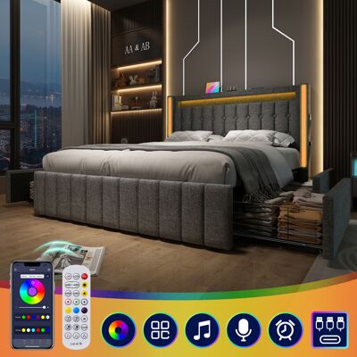 ACKERMAN Lit Rembourré Avec Fonction De Chargement Usb Type-c, Éclairage Led Et 4 Tiroirs, Lit Junior 160x200cm, Lit Double Avec Rangement, Cadre De Lit, Sommier À Lattes En Bois, Gris (sans Matelas) - Publicité ACKERMAN Lit Rembourré Avec Fonction De Chargement Usb Type-c, Éclairage Led Et 4 Tiroirs, Lit Junior 160x200cm, Lit Double Avec Rangement, Cadre De Lit, Sommier À Lattes En Bois, Gris (sans Matelas) - Publicité