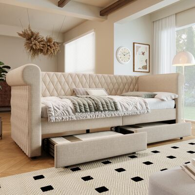 ACKERMAN Lit Vintage Capitonné Avec Tête De Lit, Canapé-lit 90x200 Cm, Canapé-lit De Jour Avec 2 Tiroirs De Rangement, Lit Enfant, Lit Jeune, Cadre De Lit À Lattes En Bois, Lin, Beige (sans Matelas) - Publicité ACKERMAN Lit Vintage Capitonné Avec Tête De Lit, Canapé-lit 90x200 Cm, Canapé-lit De Jour Avec 2 Tiroirs De Rangement, Lit Enfant, Lit Jeune, Cadre De Lit À Lattes En Bois, Lin, Beige (sans Matelas) - Publicité