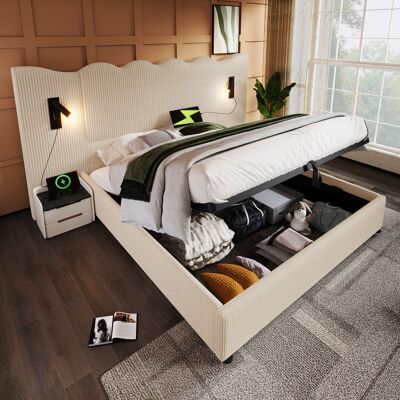 ACKERMAN Lit Double Capitonné 180x200 Avec Lampe De Lecture Et Fonction De Chargement Usb Type-c, Cadre De Lit Coffre Avec Sommier À Lattes En Bois Massif Et Métal, Beige-blanc, Tissu Velours Côtelé (sans Mate - Publicité ACKERMAN Lit Double Capitonné 180x200 Avec Lampe De Lecture Et Fonction De Chargement Usb Type-c, Cadre De Lit Coffre Avec Sommier À Lattes En Bois Massif Et Métal, Beige-blanc, Tissu Velours Côtelé (sans Mate - Publicité