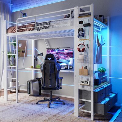 ACKERMAN Lit Mezzanine, 90 X 200cm, Cadre En Fer Avec Bureau, Avec Barre De Séchage, Avec Tablettes, 4 Tiroirs, Avec Prise Usb+type-c, Bandeau Led, Barrière, Échelle, Avec Panneau Perforé, Sans Matelas, Blanc - Publicité ACKERMAN Lit Mezzanine, 90 X 200cm, Cadre En Fer Avec Bureau, Avec Barre De Séchage, Avec Tablettes, 4 Tiroirs, Avec Prise Usb+type-c, Bandeau Led, Barrière, Échelle, Avec Panneau Perforé, Sans Matelas, Blanc - Publicité