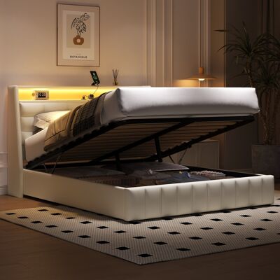 LEMONBEST Lit Coffre 160x200 Cm Blanc En Simili Cuir Pu Avec Led, Ports Usb Et Tête De Lit Réglable - Publicité LEMONBEST Lit Coffre 160x200 Cm Blanc En Simili Cuir Pu Avec Led, Ports Usb Et Tête De Lit Réglable - Publicité