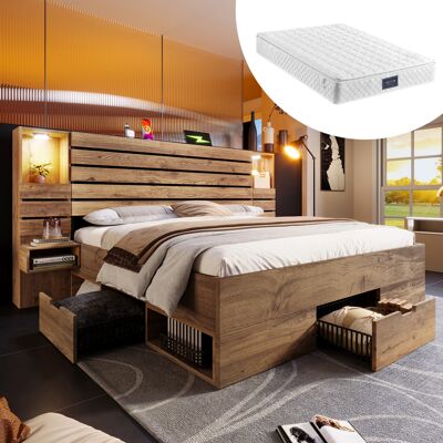 ACKERMAN Lit Double En Bois 160x200 Cm Avec Spots Led Intégrés Et Port Usb Type-c, Niche Éclairée, Tables De Chevet Suspendues, Rangement Sous Le Lit Avec Tiroirs, Aspect Chêne, Matelas Inclus - Publicité ACKERMAN Lit Double En Bois 160x200 Cm Avec Spots Led Intégrés Et Port Usb Type-c, Niche Éclairée, Tables De Chevet Suspendues, Rangement Sous Le Lit Avec Tiroirs, Aspect Chêne, Matelas Inclus - Publicité