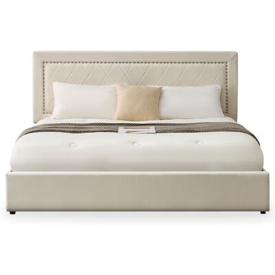 MENZZO Lit Coffre Sandiego Avec Sommier Relevable 180x200cm Et Tête De Lit Cloutée Velours Beige Clair - Publicité MENZZO Lit Coffre Sandiego Avec Sommier Relevable 180x200cm Et Tête De Lit Cloutée Velours Beige Clair - Publicité