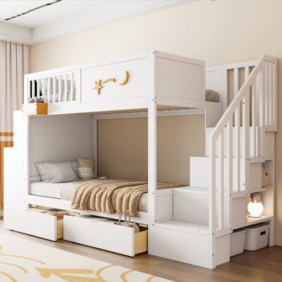 ACKERMAN Lit Superposé Pour Enfants Avec Tiroirs De Rangement, Échelle De Sécurité, Bureau Et Motif Étoilé – Cadre En Bois De Pin Massif 90 X 200 Cm, Blanc - Publicité ACKERMAN Lit Superposé Pour Enfants Avec Tiroirs De Rangement, Échelle De Sécurité, Bureau Et Motif Étoilé – Cadre En Bois De Pin Massif 90 X 200 Cm, Blanc - Publicité