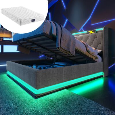ACKERMAN Lit Double Capitonné, Éclairage Led À 360°, Commande Par Bouton-poussoir/application/télécommande, 140 X 200 Cm, Revêtement En Lin Gris, Sommier Coffre Hydraulique, Tête De Lit Rembourrée Avec Port De - Publicité ACKERMAN Lit Double Capitonné, Éclairage Led À 360°, Commande Par Bouton-poussoir/application/télécommande, 140 X 200 Cm, Revêtement En Lin Gris, Sommier Coffre Hydraulique, Tête De Lit Rembourrée Avec Port De - Publicité