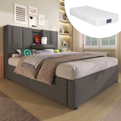 ACKERMAN Lit Simple Capitonné 90x200 Cm Avec Porte-gobelet Et Station De Recharge Dissimulés, Lit Hydraulique Avec Espace De Rangement Sous Le Lit, Sommier À Lattes Inclus, Gris Lin (avec Matelas) - Publicité ACKERMAN Lit Simple Capitonné 90x200 Cm Avec Porte-gobelet Et Station De Recharge Dissimulés, Lit Hydraulique Avec Espace De Rangement Sous Le Lit, Sommier À Lattes Inclus, Gris Lin (avec Matelas) - Publicité