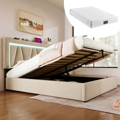 ACKERMAN Lit Capitonné Led Lit Double Avec Fonction De Charge Usb Type C Et Éclairage Led, Lits De Rangement Cadre De Lit En Matière Lin Lit Pour Adolescent 160x200 Avec Sommier (avec Matelas) - Publicité ACKERMAN Lit Capitonné Led Lit Double Avec Fonction De Charge Usb Type C Et Éclairage Led, Lits De Rangement Cadre De Lit En Matière Lin Lit Pour Adolescent 160x200 Avec Sommier (avec Matelas) - Publicité