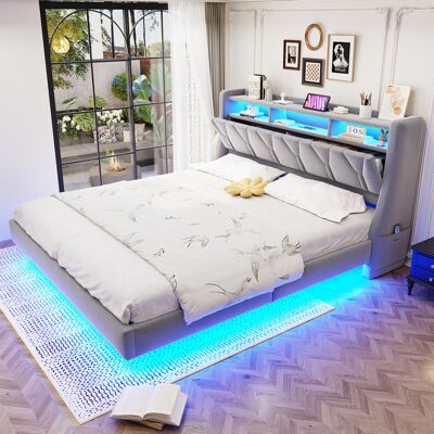 ACKERMAN Lit Capitonné 180 X 200 Cm, Tête De Lit Rabattable Avec Prise Électrique Et Compartiment De Rangement, Éclairage Led, Tête De Lit Rembourrée, Pieds De Lit Élargis, Design Lit Flottant, Velours, Gris C - Publicité ACKERMAN Lit Capitonné 180 X 200 Cm, Tête De Lit Rabattable Avec Prise Électrique Et Compartiment De Rangement, Éclairage Led, Tête De Lit Rembourrée, Pieds De Lit Élargis, Design Lit Flottant, Velours, Gris C - Publicité