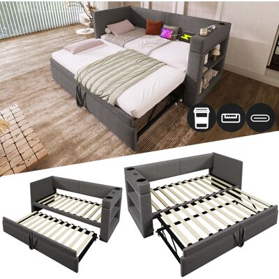 ACKERMAN Lit De Jour Capitonné 90x200 Cm, Canapé-lit Une Place Avec Lit Gigogne, Accoudoirs Avec Port De Chargement Usb Et Type-c Et Porte-gobelet, Tissu En Mélange De Lin, Gris, Sans Matelas. Publicité ACKERMAN Lit De Jour Capitonné 90x200 Cm, Canapé-lit Une Place Avec Lit Gigogne, Accoudoirs Avec Port De Chargement Usb Et Type-c Et Porte-gobelet, Tissu En Mélange De Lin, Gris, Sans Matelas. Publicité