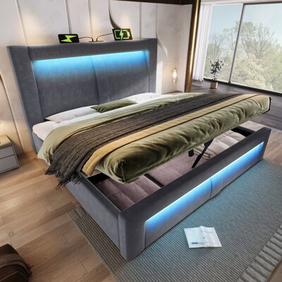 ACKERMAN Lit Double 160x200 Cm Avec Rangement, Sommier Hydraulique, Éclairage Led Contrôlable Par Application, Ports De Chargement Usb Et Type-c, Revêtement En Velours, Tête De Lit Incurvée, Gris, Sans Matelas - Publicité ACKERMAN Lit Double 160x200 Cm Avec Rangement, Sommier Hydraulique, Éclairage Led Contrôlable Par Application, Ports De Chargement Usb Et Type-c, Revêtement En Velours, Tête De Lit Incurvée, Gris, Sans Matelas - Publicité