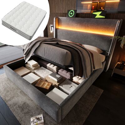 ACKERMAN Lit Hydraulique Moderne Avec Haute Tête De Lit, Lit Double 160x200cm Avec Éclairage Led, Espace De Rangement Et Ports Usb/type-c, En Gris Aspect Lin (avec Matelas) - Publicité ACKERMAN Lit Hydraulique Moderne Avec Haute Tête De Lit, Lit Double 160x200cm Avec Éclairage Led, Espace De Rangement Et Ports Usb/type-c, En Gris Aspect Lin (avec Matelas) - Publicité
