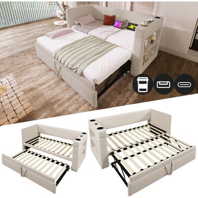 ACKERMAN Lit De Jour Capitonné 90x190 Cm, Canapé-lit Une Place Avec Lit Gigogne, Accoudoirs Avec Port De Chargement Usb Et Type-c Et Porte-gobelet, Tissu En Mélange De Lin, Beige, Sans Matelas. Publicité ACKERMAN Lit De Jour Capitonné 90x190 Cm, Canapé-lit Une Place Avec Lit Gigogne, Accoudoirs Avec Port De Chargement Usb Et Type-c Et Porte-gobelet, Tissu En Mélange De Lin, Beige, Sans Matelas. Publicité