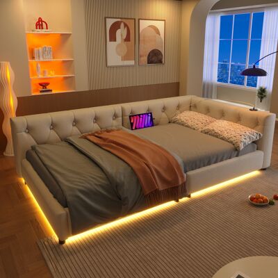 ACKERMAN Canapé Lit, Méridienne, Lit De Jour, 90x200cm, Canapé Lit Avec Sommier À Lattes (sans Matelas), Éclairage D'Ambiance Avec Télécommande, Tête De Lit À Capitonnage À Boutons, Usb + Type-c, Lin, Beige - Publicité ACKERMAN Canapé Lit, Méridienne, Lit De Jour, 90x200cm, Canapé Lit Avec Sommier À Lattes (sans Matelas), Éclairage D'Ambiance Avec Télécommande, Tête De Lit À Capitonnage À Boutons, Usb + Type-c, Lin, Beige - Publicité