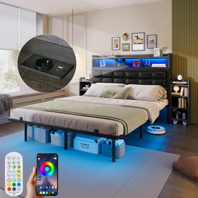 ACKERMAN Lit Double 140190 Cm Avec Sommier À Lattes Et Tête De Lit, Avec 2 Tables De Chevet Extractibles, Compartiments De Rangement, Charge Mobile (port Type-c Et Usb), Led, Gris - Publicité ACKERMAN Lit Double 140190 Cm Avec Sommier À Lattes Et Tête De Lit, Avec 2 Tables De Chevet Extractibles, Compartiments De Rangement, Charge Mobile (port Type-c Et Usb), Led, Gris - Publicité