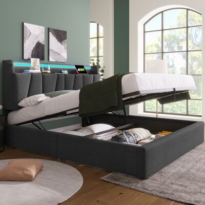LEMONBEST Lit Rembourré 140x190 Cm Avec Rangement, Tête De Lit Led Et Usb, Sommier À Lattes Bois, Cadre Fonctionnel, Gris - Publicité LEMONBEST Lit Rembourré 140x190 Cm Avec Rangement, Tête De Lit Led Et Usb, Sommier À Lattes Bois, Cadre Fonctionnel, Gris - Publicité