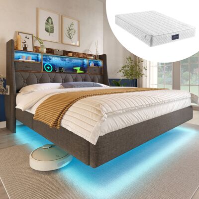 ACKERMAN Lit Suspendu Capitonné 140x200 Cm Avec Éclairage Led, Tête De Lit Et Station De Charge (1 Type-c, 3 Ports Usb), Lit Double Moderne Avec Tête De Lit De Rangement Et Sommier À Lattes, Lin, Gris (avec Ma - Publicité ACKERMAN Lit Suspendu Capitonné 140x200 Cm Avec Éclairage Led, Tête De Lit Et Station De Charge (1 Type-c, 3 Ports Usb), Lit Double Moderne Avec Tête De Lit De Rangement Et Sommier À Lattes, Lin, Gris (avec Ma - Publicité