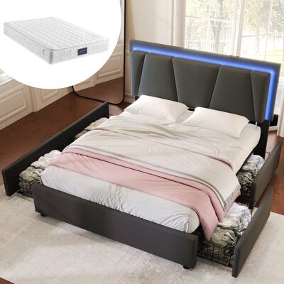 ACKERMAN Lit Capitonné Avec Éclairage Led Et 4 Tiroirs, Tête De Lit Réglable En Hauteur, Lit Double 160x200cm, Cadre De Lit Avec Rangement, Sommier À Lattes En Bois, Gris (avec Matelas) - Publicité ACKERMAN Lit Capitonné Avec Éclairage Led Et 4 Tiroirs, Tête De Lit Réglable En Hauteur, Lit Double 160x200cm, Cadre De Lit Avec Rangement, Sommier À Lattes En Bois, Gris (avec Matelas) - Publicité