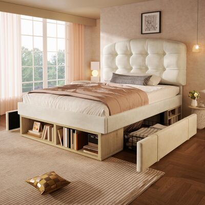 LEMONBEST Lit Simple Rembourré 90x200 Cm Lit Ado Avec Rangement, Tiroirs, Tête De Lit Capitonnée Réglable, Sommier À Lattes - Velours - Beige - Publicité LEMONBEST Lit Simple Rembourré 90x200 Cm Lit Ado Avec Rangement, Tiroirs, Tête De Lit Capitonnée Réglable, Sommier À Lattes - Velours - Beige - Publicité
