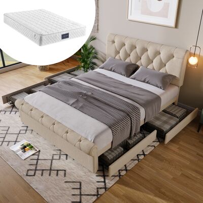 ACKERMAN Lit Chesterfield Double Capitonné 140x200cm, Cadre De Lit Avec 4 Tiroirs Et Tête De Lit Réglable En Hauteur, Naturel, Avec Matelas - Publicité ACKERMAN Lit Chesterfield Double Capitonné 140x200cm, Cadre De Lit Avec 4 Tiroirs Et Tête De Lit Réglable En Hauteur, Naturel, Avec Matelas - Publicité