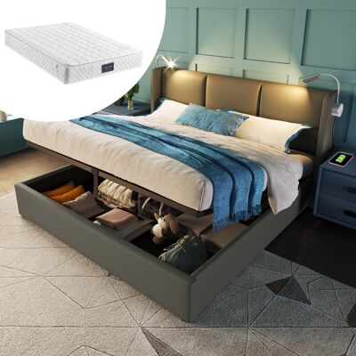 ACKERMAN Lit Double Capitonné Avec Rangement, Coffre De Lit, Lampe De Lecture Avec Fonction De Chargement, Tête De Lit, Lit Coffre, Cadre De Lit En Pu, Lit Enfant 160x200 Avec Sommier À Lattes (avec Matelas) - Publicité ACKERMAN Lit Double Capitonné Avec Rangement, Coffre De Lit, Lampe De Lecture Avec Fonction De Chargement, Tête De Lit, Lit Coffre, Cadre De Lit En Pu, Lit Enfant 160x200 Avec Sommier À Lattes (avec Matelas) - Publicité