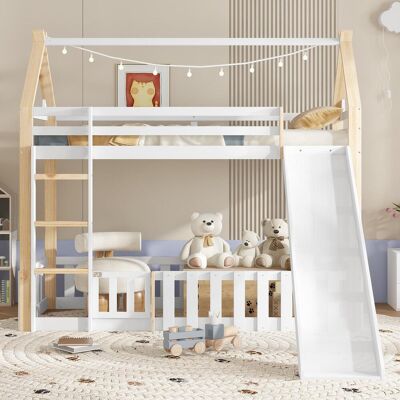 OEM Lit Superposé Pour Enfant, Toit Au Design Raffiné, Avec Toboggan Ludique, Espace Ouvert Clôturé, Sommier À Lattes Robuste Et Échelle, Pin + Mdf + Contreplaqué, Blanc + Naturel, 90x200cm, Garantie 2... Publicité OEM Lit Superposé Pour Enfant, Toit Au Design Raffiné, Avec Toboggan Ludique, Espace Ouvert Clôturé, Sommier À Lattes Robuste Et Échelle, Pin + Mdf + Contreplaqué, Blanc + Naturel, 90x200cm, Garantie 2... Publicité