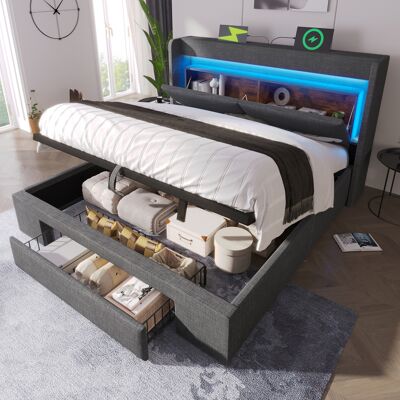 ACKERMAN Lit Capitonné 140x200 Cm Avec Rangement Hydraulique Et Tête De Lit Avec Compartiment De Rangement, Éclairage Led Et Ports Usb Et Usb-c, Sommier À Lattes En Bois, Gris, Lin, Sans Matelas - Publicité ACKERMAN Lit Capitonné 140x200 Cm Avec Rangement Hydraulique Et Tête De Lit Avec Compartiment De Rangement, Éclairage Led Et Ports Usb Et Usb-c, Sommier À Lattes En Bois, Gris, Lin, Sans Matelas - Publicité