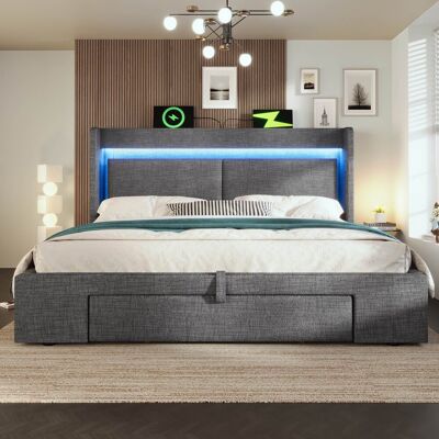 LEMONBEST Lit Coffre Hydraulique 180x200 Cm Avec Éclairage Led Et Port Usb Lit Capitonné Avec Tiroirs Et Sommier À Lattes En Bois Lin Gris - Publicité LEMONBEST Lit Coffre Hydraulique 180x200 Cm Avec Éclairage Led Et Port Usb Lit Capitonné Avec Tiroirs Et Sommier À Lattes En Bois Lin Gris - Publicité