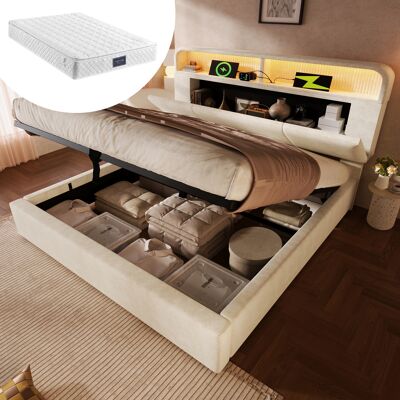 ACKERMAN Lit Double Capitonné 140x200 Cm Avec Tête De Lit De Rangement Réglable En Hauteur, Lit Hydraulique Avec Éclairage Led Et Station De Charge Usb/type-c, Velours, Beige, Sommier À Lattes Inclus (avec Mat - Publicité ACKERMAN Lit Double Capitonné 140x200 Cm Avec Tête De Lit De Rangement Réglable En Hauteur, Lit Hydraulique Avec Éclairage Led Et Station De Charge Usb/type-c, Velours, Beige, Sommier À Lattes Inclus (avec Mat - Publicité