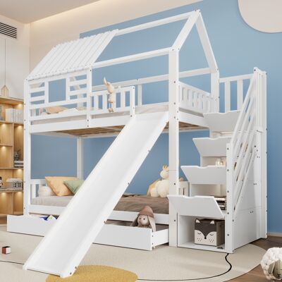 LEMONBEST Lit Superposé Enfant 90x200cm Avec Toboggan, Tiroir, Échelle De Rangement, Fenêtre Et Toit, Barrière De Sécurité - Pin + Mdf - Blanc - Publicité LEMONBEST Lit Superposé Enfant 90x200cm Avec Toboggan, Tiroir, Échelle De Rangement, Fenêtre Et Toit, Barrière De Sécurité - Pin + Mdf - Blanc - Publicité