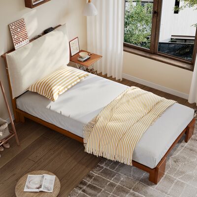 LEMONBEST Lit Enfant Simple 90x200cm Lit Rembourré Avec Dosseret Velcro, Sommier À Lattes Et Pieds Larges - Pin Et Contreplaqué - Marron Foncé - Publicité LEMONBEST Lit Enfant Simple 90x200cm Lit Rembourré Avec Dosseret Velcro, Sommier À Lattes Et Pieds Larges - Pin Et Contreplaqué - Marron Foncé - Publicité