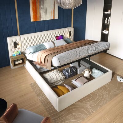ACKERMAN Ensemble De Lit Complet Pour Chambre À Coucher, Lit Rembourré Avec Rangement Hydraulique, Lit Double 180x200 Cm Avec 2 Tables De Chevet, Lampe De Lecture De Tête De Lit Avec Fonction De Chargement Usb - Publicité ACKERMAN Ensemble De Lit Complet Pour Chambre À Coucher, Lit Rembourré Avec Rangement Hydraulique, Lit Double 180x200 Cm Avec 2 Tables De Chevet, Lampe De Lecture De Tête De Lit Avec Fonction De Chargement Usb - Publicité