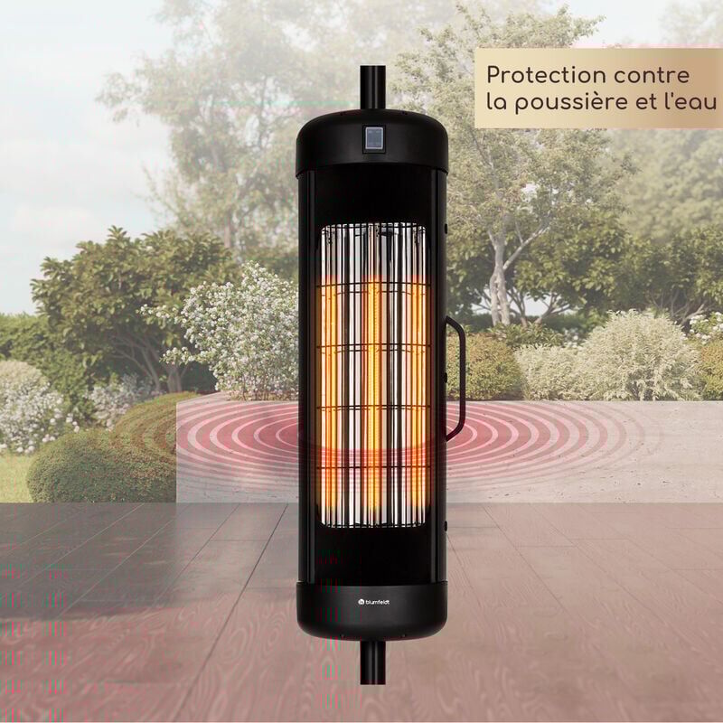 Ici, tout tourne autour d'une agréable chaleur : le radiateur rayonnant blumfeldt Heat Guru Turbo pour terrasse et balcon apporte des températures agréables à tous ceux qui aiment passer du temps à l'extérieur, même par temps frais. L'élément chauffant Carbon Gold d'une puissance de 2000 watts assure un rayonnement thermique particulièrement efficace. Le système IR ComfortHeat- fournit non seulement de la chaleur très rapidement, mais grâce au réflecteur très efficace et au rayonnement infrarouge à ondes longues, il l'émet spécifiquement vers les personnes et objets à proximité sans réchauffer l'air. Profite d'une chaleur agréable dès la première seconde et adapte-la à tes besoins grâce aux 3 niveaux de puissance ! Conformément aux exigences de la classe de protection IP54, le boîtier en aluminium anodisé du radiateur infrarouge blumfeldt Heat Guru Turbo est protégé contre les éclaboussures et les jets d'eau et convient parfaitement à une utilisation en extérieur. Particulièrement image