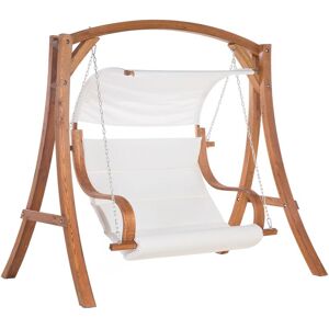 Balancelle de Jardin en Bois Foncé avec Coussin Blanc et Par-soleil Assise Confortable et Élégante pour Terrasse au Style Provençal Beliani - Publicité