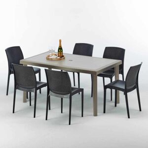 GRAND SOLEIL Table rectangulaire et 6 chaises Poly rotin resine ensemble bar cafè exterieur 150x90 Beige Marion Chaises Modèle: Boheme Anthracite noir - Publicité