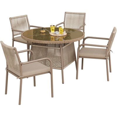 ACKERMAN Ensemble De Mobilier De Jardin Moderne En Rotin, Comprenant Une Table Ronde En Verre Et Quatre Fauteuils, Avec Une Structure En Fer. Idéal Pour Une Terrasse, Un Balcon Ou Un Patio. Publicité ACKERMAN Ensemble De Mobilier De Jardin Moderne En Rotin, Comprenant Une Table Ronde En Verre Et Quatre Fauteuils, Avec Une Structure En Fer. Idéal Pour Une Terrasse, Un Balcon Ou Un Patio. Publicité