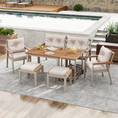 ACKERMAN Ensemble Table Et Chaises De Jardin En Bois D'Acacia, 6-7 Places, Avec Fauteuils Et Desserte Amovible, Housse En Tissu Amovible Et Lavable. Publicité ACKERMAN Ensemble Table Et Chaises De Jardin En Bois D'Acacia, 6-7 Places, Avec Fauteuils Et Desserte Amovible, Housse En Tissu Amovible Et Lavable. Publicité