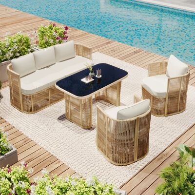ACKERMAN Ensemble De Mobilier De Jardin 4 Pièces En Rotin Pe Comprenant Un Canapé 3 Places, 2 Fauteuils Et Une Table En Verre – Salon De Jardin Avec Coussins En Polyester, Structure En Acier Et Plateau En Verr - Publicité ACKERMAN Ensemble De Mobilier De Jardin 4 Pièces En Rotin Pe Comprenant Un Canapé 3 Places, 2 Fauteuils Et Une Table En Verre – Salon De Jardin Avec Coussins En Polyester, Structure En Acier Et Plateau En Verr - Publicité
