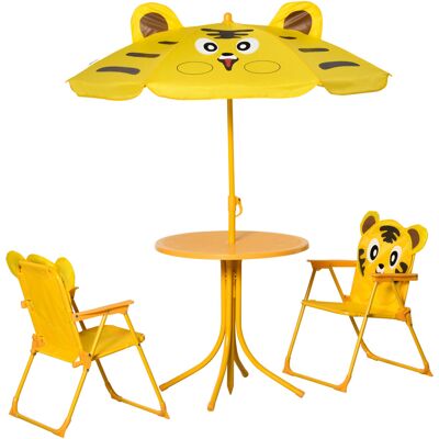 HEAT Ensemble De Mobilier De Jardin Pour Enfants 4 Pièces, Motif Tigre : Table Ronde, 2 Chaises Pliantes Et Parasol. Finition Époxy Jaune Oxford. Publicité HEAT Ensemble De Mobilier De Jardin Pour Enfants 4 Pièces, Motif Tigre : Table Ronde, 2 Chaises Pliantes Et Parasol. Finition Époxy Jaune Oxford. Publicité