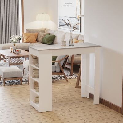 SANMINE HABITAT Table De Bar Pour 2 Personnes. Table Haute Mange Debout Avec 4 Étagères Ouvertes. 115x50x102.7cm. Blanc Et Gris - Publicité SANMINE HABITAT Table De Bar Pour 2 Personnes. Table Haute Mange Debout Avec 4 Étagères Ouvertes. 115x50x102.7cm. Blanc Et Gris - Publicité