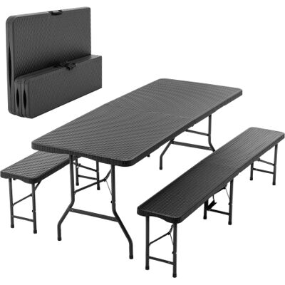 OEM Table De Camping Pliable De 6 Pieds Avec 2 Bancs (3 Pièces), Plateau Hdpe À Motif Bois, Verrou De Sécurité, Résistant Aux Uv Et Imperméable, Noir - Publicité OEM Table De Camping Pliable De 6 Pieds Avec 2 Bancs (3 Pièces), Plateau Hdpe À Motif Bois, Verrou De Sécurité, Résistant Aux Uv Et Imperméable, Noir - Publicité