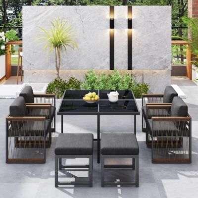 ABAISAN Ensemble Salon De Jardin - Table 117x117cm + 4 Chaises + 2 Ottomans - Verre Trempé Noir - Structure Acier - Assises Rembourrées - Résistant Aux Intempéries - Gris - Publicité ABAISAN Ensemble Salon De Jardin - Table 117x117cm + 4 Chaises + 2 Ottomans - Verre Trempé Noir - Structure Acier - Assises Rembourrées - Résistant Aux Intempéries - Gris - Publicité