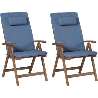 BELIANI Lot De 2 Chaises De Jardin Rustique En Bois D'Acacia Naturel Pliables Et Réglables Avec Accoudoirs Et Coussins Bleu Amantea - Publicité BELIANI Lot De 2 Chaises De Jardin Rustique En Bois D'Acacia Naturel Pliables Et Réglables Avec Accoudoirs Et Coussins Bleu Amantea - Publicité