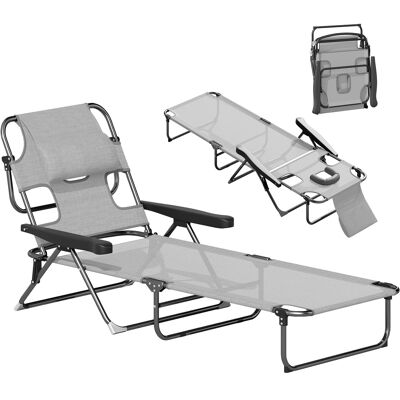 ARRIGONI Chaise Longue De Jardin Pliante Dossier Réglable Sur 4 Niveaux, Trou De Lecture Et Appui-tête 72l X 194l X 89h Cm Gris - Publicité ARRIGONI Chaise Longue De Jardin Pliante Dossier Réglable Sur 4 Niveaux, Trou De Lecture Et Appui-tête 72l X 194l X 89h Cm Gris - Publicité